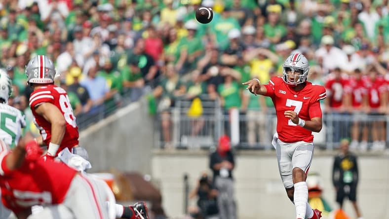 Ohio State Buckeyes quarterback C.J. Stroud (7) throws the ball against Oregon Ducks during the fourth quarter in their NCAA Division I game on Saturday, September 11, 2021 at Ohio Stadium in Columbus, Ohio.
Osu21ore Kwr 33