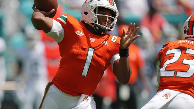 Sep 18, 2021; Miami Gardens, Florida, USA; Miami Hurricanes quarterback D'Eriq King (1) attempts a pass against the Michigan State Spartans during the first half at Hard Rock Stadium. Mandatory Credit: Jasen Vinlove-USA TODAY Sports