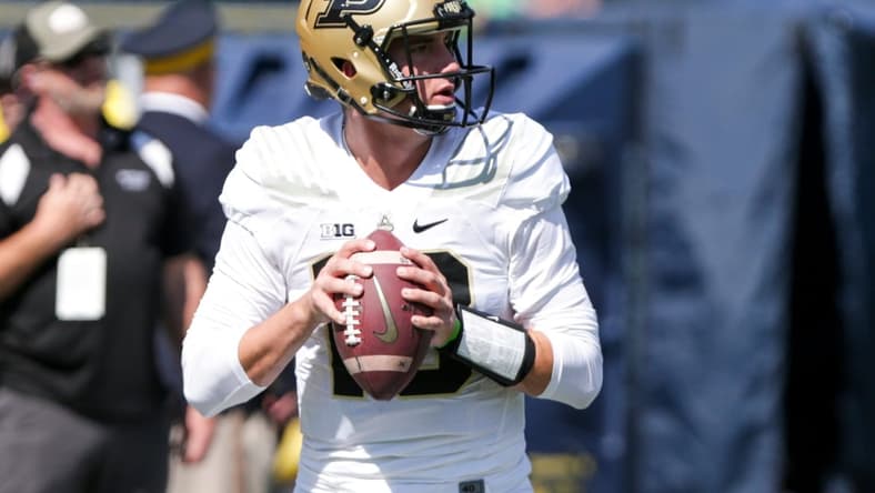 Purdue quarterback Jack Plummer (13) warms up prior to the start of an NCAA football game between the Notre Dame Fighting Irish and the Purdue Boilermakers, Saturday, Sept. 18, 2021 at Notre Dame Stadium in South Bend.

Purdue Vs Notre Dame Warmups