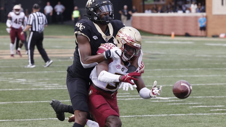 Sep 18, 2021; Winston-Salem, North Carolina, USA; Florida State Seminoles defensive back Jarvis Brownlee Jr. (3) is flagged for interference on Wake Forest Demon Deacons wide receiver Jaquarii Roberson (5) during the second quarter at Truist Field. Mandatory Credit: Reinhold Matay-USA TODAY Sports