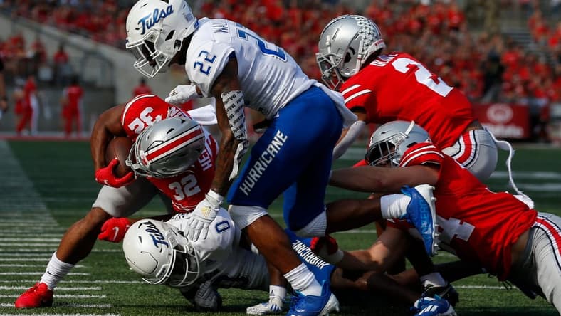 Ohio State Buckeyes running back TreVeyon Henderson (32) runs the ball during the second quarter of a NCAA Division I football game between the Ohio State Buckeyes and the Tulsa Golden Hurricane on Saturday, Sept. 18, 2021 at Ohio Stadium in Columbus, Ohio.

Cfb Tulsa Golden Hurricane At Ohio State Buckeyes