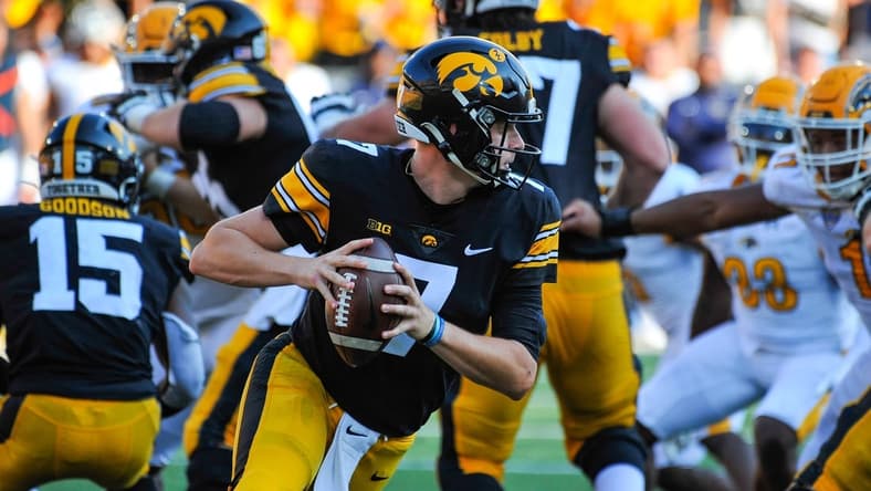 Sep 18, 2021; Iowa City, Iowa, USA; Iowa Hawkeyes quarterback Spencer Petras (7) in action during the third quarter against the Kent State Golden Flashes at Kinnick Stadium. Mandatory Credit: Jeffrey Becker-USA TODAY Sports