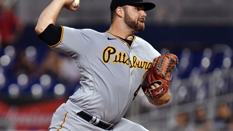 Sep 18, 2021; Miami, Florida, USA; Pittsburgh Pirates pitcher Bryse Wilson (48) delivers against the Miami Marlins during the second inning at loanDepot Park. Mandatory Credit: Jim Rassol-USA TODAY Sports