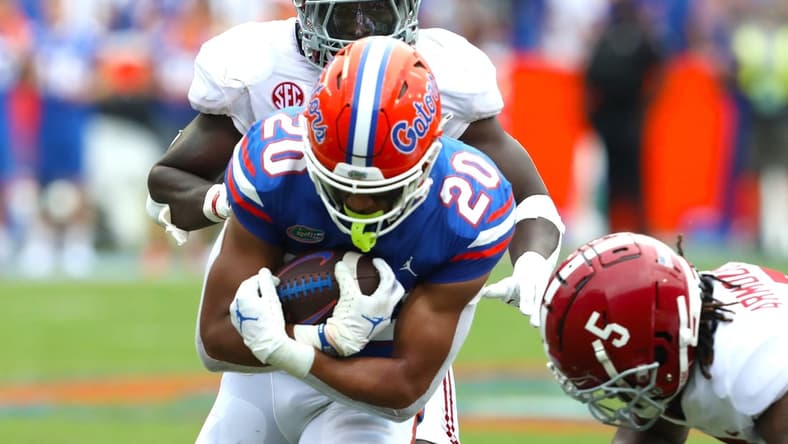 Florida Gators running back Malik Davis (20) runs the ball during the football game between the Florida Gators and The Alabama Crimson Tide, at Ben Hill Griffin Stadium in Gainesville, Fla. Sept. 18, 2021.
Flgai 09182021 Ufvs Bama 36