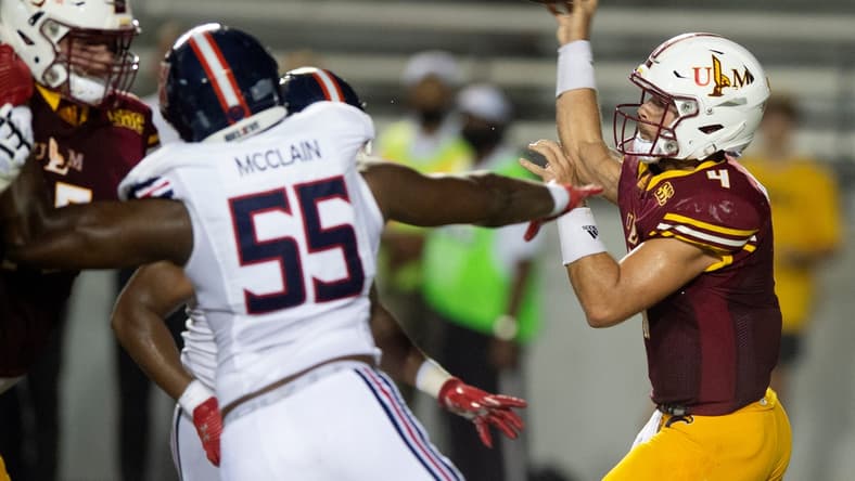 University of Louisiana-Monroe's Rhett Rodriguez throws a pass during their game against Jackson State University at Malone Stadium in Monroe, La., Saturday, Sept. 18, 2021.

Tcl Jsuvulm10