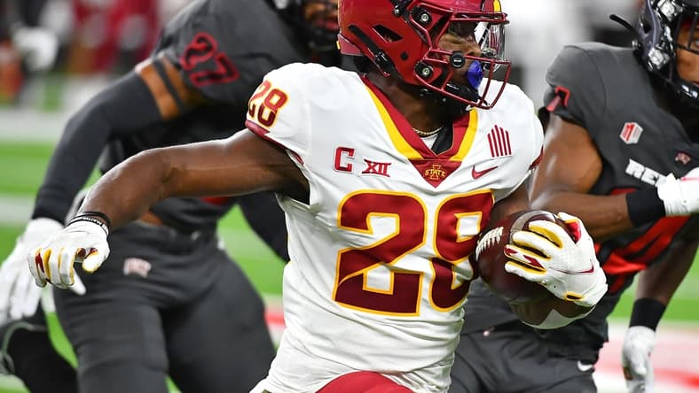 Sep 18, 2021; Paradise, Nevada, USA; Iowa State Cyclones running back Breece Hall (28) carries the ball against the UNLV Rebels during the first quarter at Allegiant Stadium. Mandatory Credit: Stephen R. Sylvanie-USA TODAY Sports