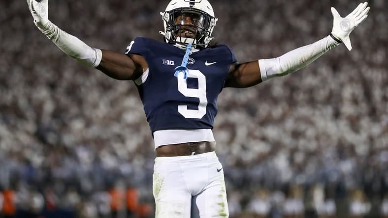 Sep 18, 2021; University Park, Pennsylvania, USA; Penn State Nittany Lions cornerback Joey Porter Jr. (9) hypes of the fans during the fourth quarter against the Auburn Tigers at Beaver Stadium. Penn State defeated Auburn 28-20. Mandatory Credit: Matthew OHaren-USA TODAY Sports