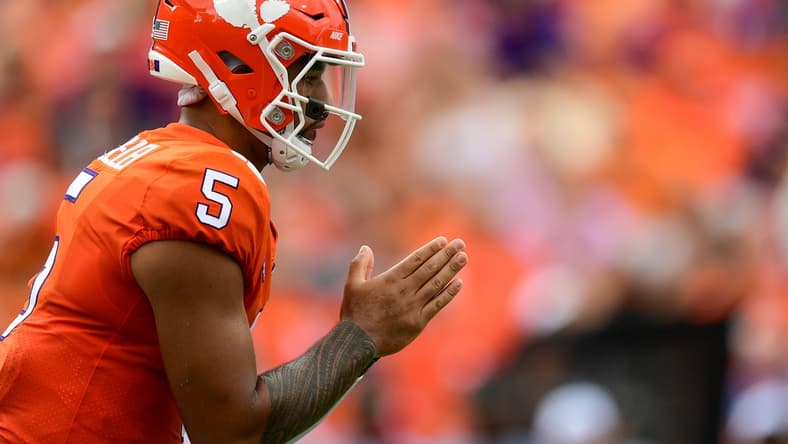 Sep 18, 2021; Clemson, South Carolina, USA; Clemson Tigers quarterback D.J. Uiagalelei (5) waits for the snap against the Georgia Tech Yellow Jackets during the second quarter at Memorial Stadium. Mandatory Credit: Adam Hagy-USA TODAY Sports