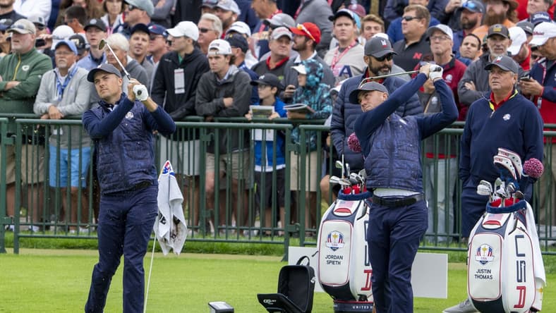 September 21, 2021; Kolher, Wisconsin, USA; U.S. Team players Jordan Spieth (left) and Justin Thomas (right) hit on the driving range during a practice round for the 43rd Ryder Cup golf competition at Whistling Straits. Mandatory Credit: Kyle Terada-USA TODAY Sports