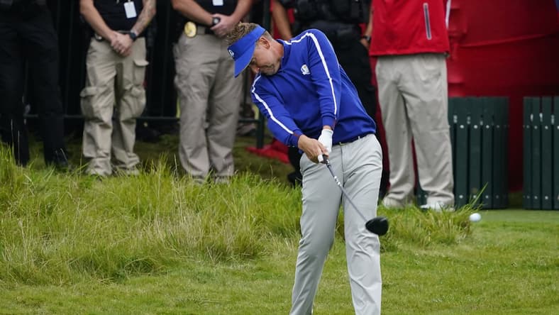 Sep 21, 2021; Kohler, Wisconsin, USA; Ian Poulter hits his tee shot on the 10th hole during practice rounds for the 43rd Ryder Cup golf competition at Whistling Straits. Mandatory Credit: Michael Madrid-USA TODAY Sports