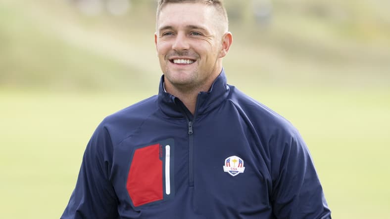 September 22, 2021; Haven, Wisconsin, USA; Team USA player Bryson DeChambeau poses for a photo during a practice round for the 43rd Ryder Cup golf competition at Whistling Straits. Mandatory Credit: Kyle Terada-USA TODAY Sports