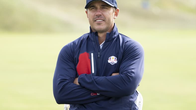 September 22, 2021; Haven, Wisconsin, USA; Team USA player Brooks Koepka poses for a photo during a practice round for the 43rd Ryder Cup golf competition at Whistling Straits. Mandatory Credit: Kyle Terada-USA TODAY Sports