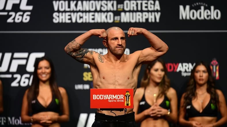 Sep 24, 2021; Las Vegas, Nevada, USA; Alexander Volkanovski during weigh-ins for UFC 266 at Park Theater. Mandatory Credit: Gary A. Vasquez-USA TODAY Sports