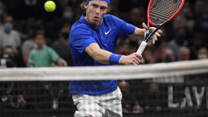 Sep 24, 2021; Boston, MA, USA;  Team Europes Andrey Rublev hits a shot against Team Worlds Diego Schwartzman during the Laver Cup at TD Garden. Mandatory Credit: Bob DeChiara-USA TODAY Sports