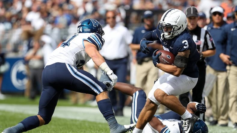 Sep 25, 2021; University Park, Pennsylvania, USA; Penn State Nittany Lions  wide receiver Parker Washington (3) runs with the ball during the second quarter against the Villanova Wildcats at Beaver Stadium. Mandatory Credit: Matthew OHaren-USA TODAY Sports