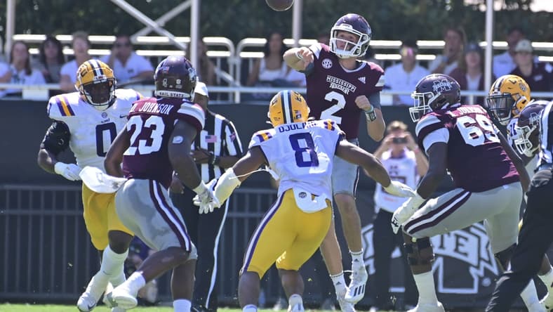 Sep 25, 2021; Starkville, Mississippi, USA; Mississippi State Bulldogs quarterback Will Rogers (2) makes a pass against the LSU Tigers during the second quarter at Davis Wade Stadium at Scott Field. Mandatory Credit: Matt Bush-USA TODAY Sports