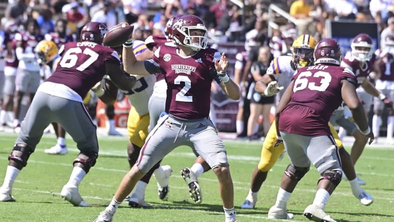 Sep 25, 2021; Starkville, Mississippi, USA; Mississippi State Bulldogs quarterback Will Rogers (2) makes a pass against the LSU Tigers during the fourth quarter at Davis Wade Stadium at Scott Field. Mandatory Credit: Matt Bush-USA TODAY Sports