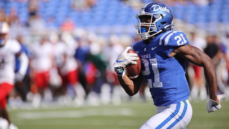 Sep 25, 2021; Durham, North Carolina, USA; Duke Blue Devils running back Mataeo Durant (21) run with the football to make a touchdown during the 1st half of the game against the Kansas Jayhawks at Wallace Wade Stadium. Mandatory Credit: Jaylynn Nash-USA TODAY Sports
