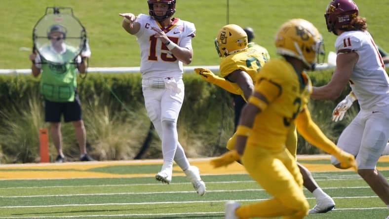 Sep 25, 2021; Waco, Texas, USA; Iowa State Cyclones quarterback Brock Purdy (15) throws a pass in the first half against the Baylor Bears at McLane Stadium. Mandatory Credit: Scott Wachter-USA TODAY Sports