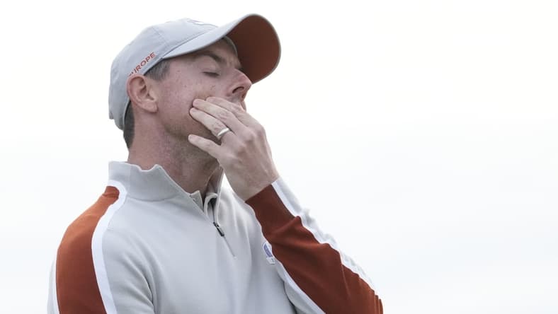 Sep 25, 2021; Haven, Wisconsin, USA; Team Europe player Rory McIlroy reacts to his missed putt on the 15th green during day two four-ball rounds for the 43rd Ryder Cup golf competition at Whistling Straits. Mandatory Credit: Michael Madrid-USA TODAY Sports