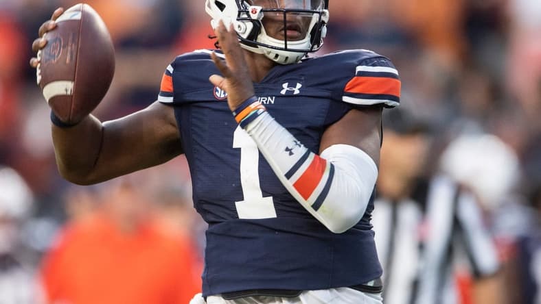 Auburn Tigers quarterback T.J. Finley (1) looks to throw at Jordan-Hare Stadium in Auburn, Ala., on Saturday, Sept. 25, 2021. Auburn Tigers defeated Georgia State Panthers 34-24.