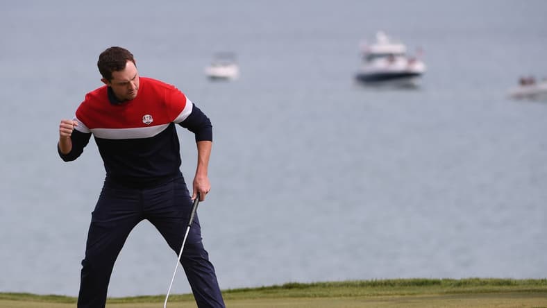 Sep 26, 2021; Haven, Wisconsin, USA; Team USA player Patrick Cantlay reacts to his putt on the third green during day three singles rounds for the 43rd Ryder Cup golf competition at Whistling Straits. Mandatory Credit: Orlando Ramirez-USA TODAY Sports
