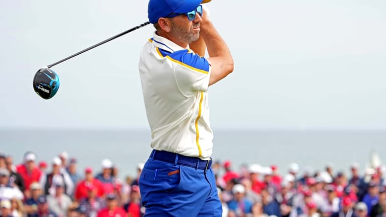 Sep 26, 2021; Haven, Wisconsin, USA; Team Europe player Sergio Garcia plays his shot from the second tee during day two four-ball rounds for the 43rd Ryder Cup golf competition at Whistling Straits. Mandatory Credit: Kyle Terada-USA TODAY Sports