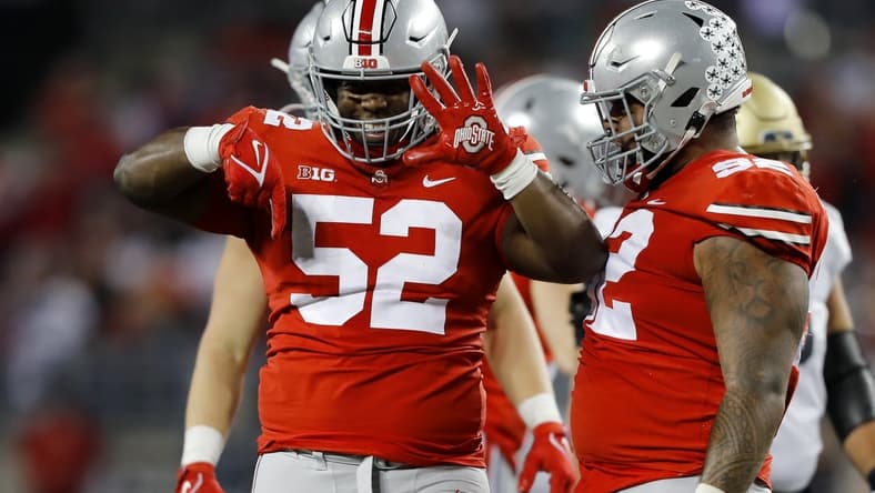 Sep 25, 2021; Columbus, Ohio, USA; Ohio State Buckeyes defensive tackle Antwuan Jackson (52)celebrates the sack during the second quarter against the Akron Zips at Ohio Stadium. Mandatory Credit: Joseph Maiorana-USA TODAY Sports