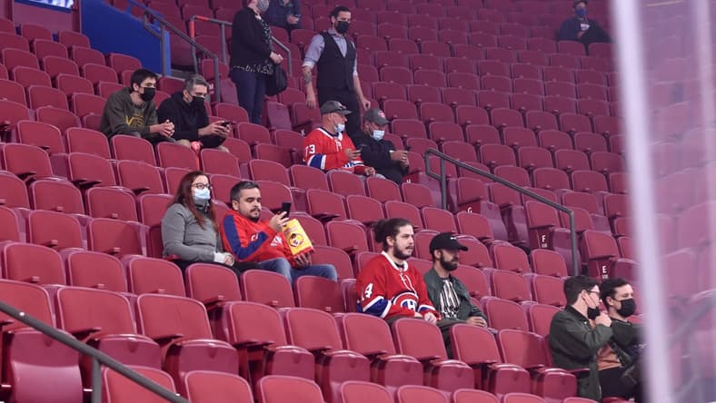 Sep 27, 2021; Montreal, Quebec, CAN; Some of the 7500 fans allowed in look on during the warmup period before a game between the Toronto Maple Leafs and the Montreal Canadiens at the Bell Centre. Mandatory Credit: Eric Bolte-USA TODAY Sports