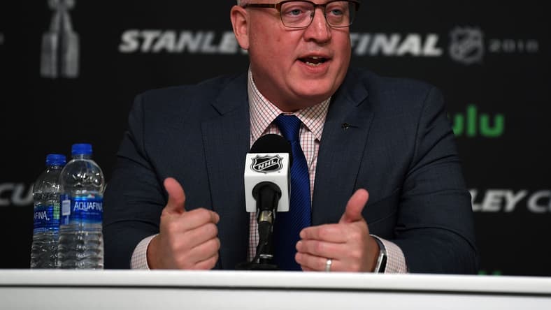 May 28, 2018; Las Vegas, NV, USA; NHL deputy commissioner Bill Daly speaks with media before game one of the 2018 Stanley Cup Final between Vegas Golden Knights and Washington Capitals at T-Mobile Arena. Mandatory Credit: Stephen R. Sylvanie-USA TODAY Sports