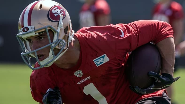 Jul 26, 2018; Santa Clara, CA, USA; San Francisco 49ers wide receiver Max McCaffrey (1) runs with the football during training camp at the SAP Performance Facility. Mandatory Credit: Stan Szeto-USA TODAY Sports
