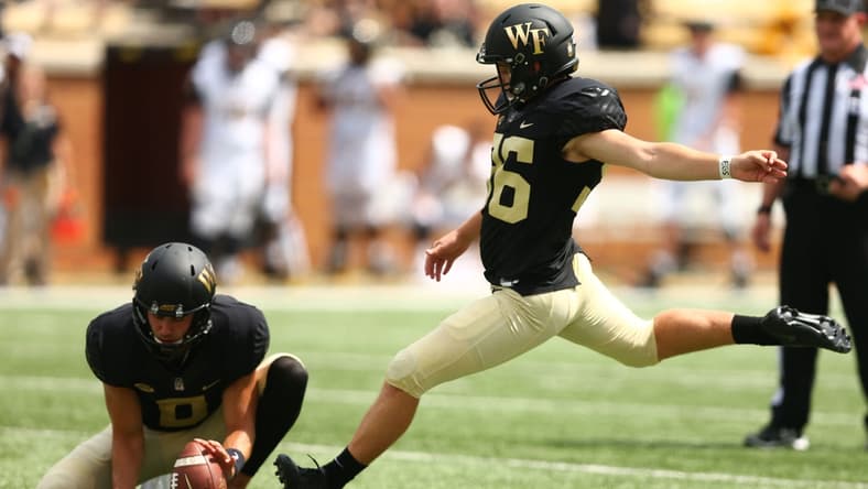 Sep 8, 2018; Winston-Salem, NC, USA; Wake Forest Demon Deacons place kicker Nick Sciba (96) attempts a field goal in the second quarter against the Towson Tigers at BB&T Field. Mandatory Credit: Jeremy Brevard-USA TODAY Sports