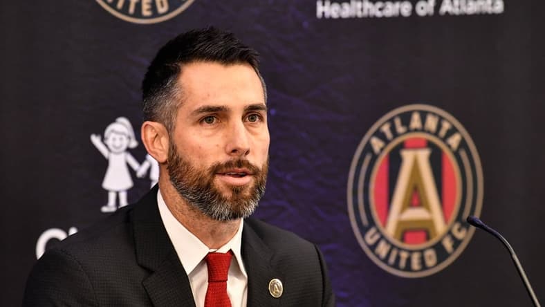 Jan 14, 2019; Marietta, GA, USA; Atlanta United technical manager Carlos Bocanegra introduces new head coach Frank de Boerduring (not shown) during a press conference at Childrens Healthcare of Atlanta Training Ground. Mandatory Credit: Dale Zanine-USA TODAY Sports