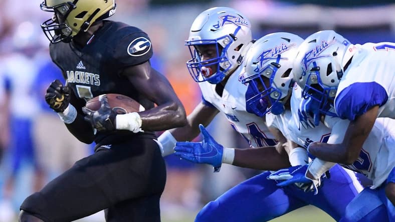 Greer   s Jaleel Skinner (5) picks up yards after a catch against Byrnes Friday, August 23, 2019, at Greer's Dooley Field.

Greer Byrnes Football