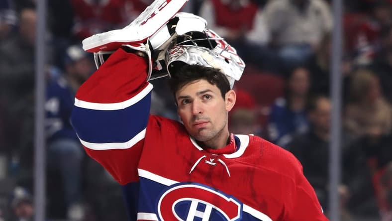 Feb 8, 2020; Montreal, Quebec, CAN; Montreal Canadiens goaltender Carey Price (31) puts his helmet before the game against Toronto Maple Leafs at Bell Centre. Mandatory Credit: Jean-Yves Ahern-USA TODAY Sports