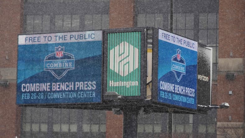 Feb 26, 2020; Indianapolis, Indiana, USA;  General overall of NFL Scouring Combine sign outside of Lucas Oil Stadium. Mandatory Credit: Kirby Lee-USA TODAY Sports