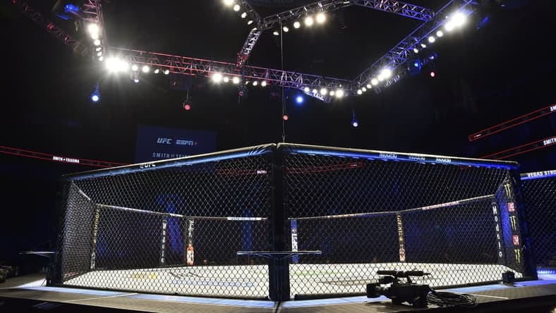 May 13, 2020; Jacksonville, Florida, USA; General view of the empty octagon before UFC Fight Night at VyStar Veterans Memorial Arena. Mandatory Credit: Jasen Vinlove-USA TODAY Sports