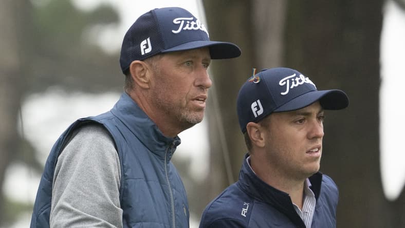 Aug 4, 2020; San Francisco, California, USA; Justin Thomas (right) talks to caddie Jim Mackay (left) on the 15th hole during a practice round of the PGA Championship golf tournament at TPC Harding Park. Mandatory Credit: Kyle Terada-USA TODAY Sports