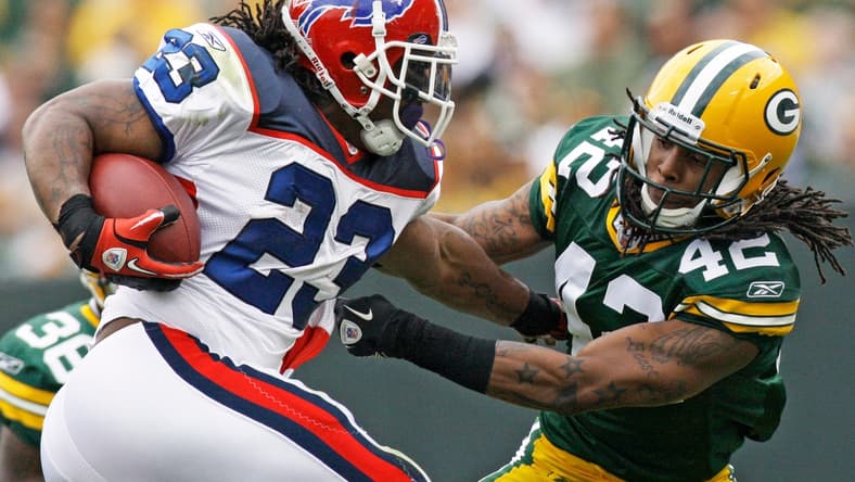 Buffalo Bills Marshawn Lynch breaks an attempted tackle by Green Bay Packers safety Morgan Burnett during the first quarter of their game Sunday, September 19, 2010 at Lambeau Field in Green Bay, Wis. The Packers won, 34-7.
Mjs Packers20 5 Of Hoffman Jpg Packers20