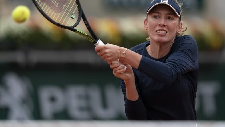 Oct 2, 2020; Paris, France; Ekaterina Alexandrova (RUS) in action during her match against Elina Svitolina (UKR) on day six at Stade Roland Garros. Mandatory Credit: Susan Mullane-USA TODAY Sports