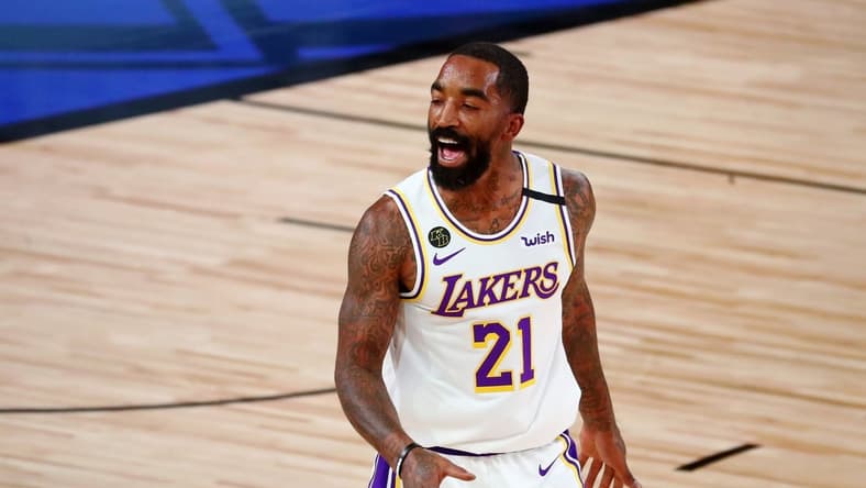 Oct 4, 2020; Orlando, Florida, USA; Los Angeles Lakers guard JR Smith (21) celebrates after making a three point basket against the Miami Heat during the second quarter of game three of the 2020 NBA Finals at AdventHealth Arena. Mandatory Credit: Kim Klement-USA TODAY Sports