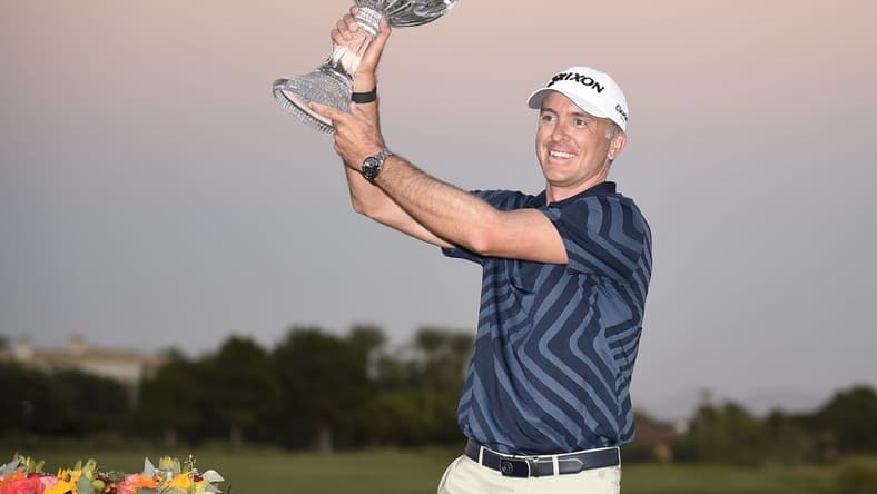 Oct 11, 2020; Las Vegas, Nevada, USA; Martin Laird poses with the Shriner trophy after winning the Shriners Hospitals for Children Open golf tournament at TPC Summerlin. Mandatory Credit: Kelvin Kuo-USA TODAY Sports