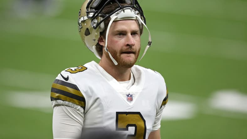 Dec 25, 2020; New Orleans, Louisiana, USA; New Orleans Saints kicker Wil Lutz (3) before their game against the Minnesota Vikings at the Mercedes-Benz Superdome. Mandatory Credit: Chuck Cook-USA TODAY Sports
