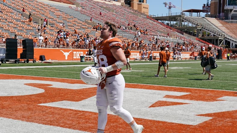 Apr 24, 2021; Austin, Texas, USA; Texas Longhorns linebacker Jake Ehlinger walks off the field after the Orange-White Texas Spring Game at Darrell K Royal-Texas Memorial Stadium. Mandatory Credit: Scott Wachter-USA TODAY Sports
