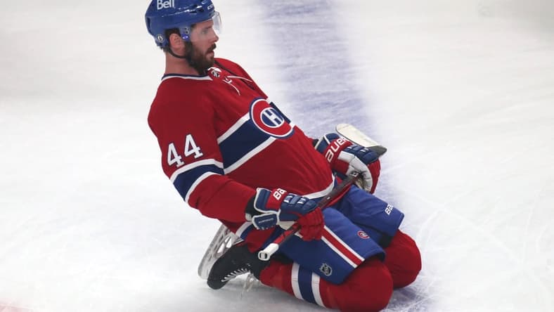 Jun 24, 2021; Montreal, Quebec, CAN; Montreal Canadiens defenseman Joel Edmundson (44) during the warm-up session before the game six against Vegas Golden Knights of the 2021 Stanley Cup Semifinals at Bell Centre. Mandatory Credit: Jean-Yves Ahern-USA TODAY Sports