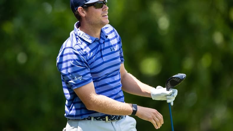 Jul 18, 2021; Nicholasville, Kentucky, USA; Adam Schenk watches his tee shot on the third hole during the final round of the Barbasol Championship golf tournament. Mandatory Credit: Jordan Prather-USA TODAY Sports