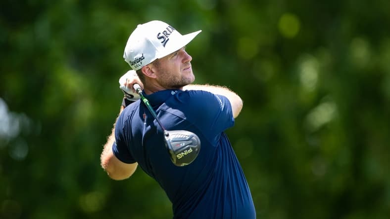 Jul 18, 2021; Nicholasville, Kentucky, USA; Taylor Pendrith hits his tee shot on the third hole during the final round of the Barbasol Championship golf tournament. Mandatory Credit: Jordan Prather-USA TODAY Sports