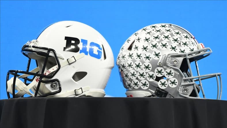 Jul 23, 2021; Indianapolis, Indiana, USA; A Big 10 helmet and Ohio State Buckeyes helmet are displayed during Big 10 media days at Lucas Oil Stadium. Mandatory Credit: Robert Goddin-USA TODAY Sports
