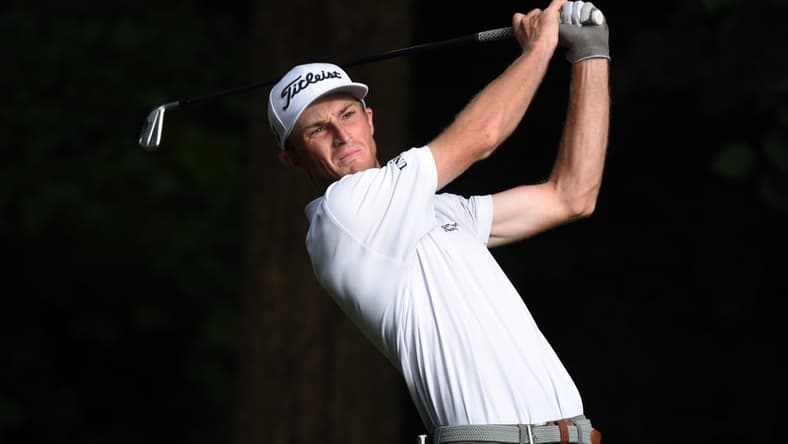 Aug 15, 2021; Greensboro, North Carolina, USA; Will Zalatoris hits his tee shot on the second hole during the final round of the Wyndham Championship golf tournament. Mandatory Credit: Rob Kinnan-USA TODAY Sports