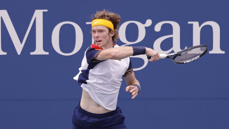 Sep 1, 2021; Flushing, NY, USA; Andrey Rublev of Russia hits a forehand against Pedro Martinez of Spain (not pictured) on day three of the 2021 U.S. Open tennis tournament at USTA Billie Jean King National Tennis Center. Mandatory Credit: Geoff Burke-USA TODAY Sports